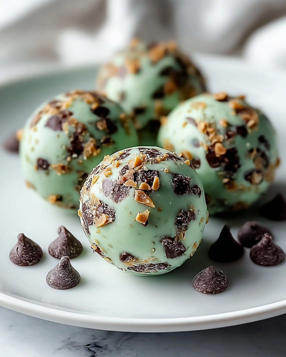 The image shows five round truffles arranged on a white plate placed on a white marbled surface. Each truffle has a smooth mint green coating with dark chocolate chunks and small caramel-colored bits scattered all over the surface, giving a textured appearance. Around the truffles on the plate, some dark chocolate chips are placed randomly, with one truffle positioned closest to the camera, showing a clear view of the toppings. The background is softly blurred, focusing attention on the truffles. photo taken with an iphone --ar 4:5 --v 7