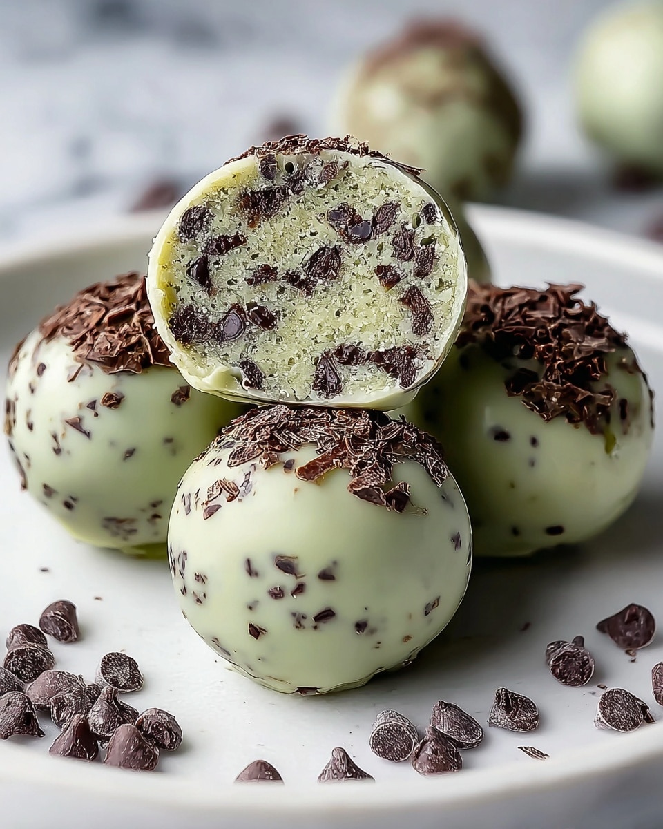 The image shows five greenish-white round truffles with dark chocolate bits inside and sprinkled on top, placed on a white plate with a white marbled texture background. One truffle is cut in half and positioned above the plate, showing the detailed inner texture filled with tiny chocolate chips mixed in a light green center. The outer layer of each truffle is smooth and glossy, dotted with small chocolate pieces, while the top layer has rough chocolate shavings adding texture contrast. Some chocolate chips are scattered around the plate. Photo taken with an iphone --ar 4:5 --v 7