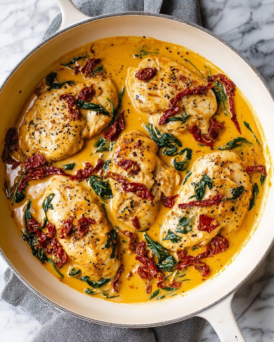 A white pan filled with four cooked chicken breasts covered in a thick yellow-orange creamy sauce, with scattered sun-dried red tomatoes and wilted dark green spinach leaves throughout. The chicken breasts have a light golden-brown color with black pepper seasoning on top. The sauce has a rich texture, surrounding and partially soaking the chicken, with the tomatoes adding strips of deep red scattered evenly. The spinach leaves are mixed within the sauce and resting on the chicken pieces, adding spots of dark green. The pan rests on a white marbled surface with a grey cloth underneath. Photo taken with an iphone --ar 4:5 --v 7