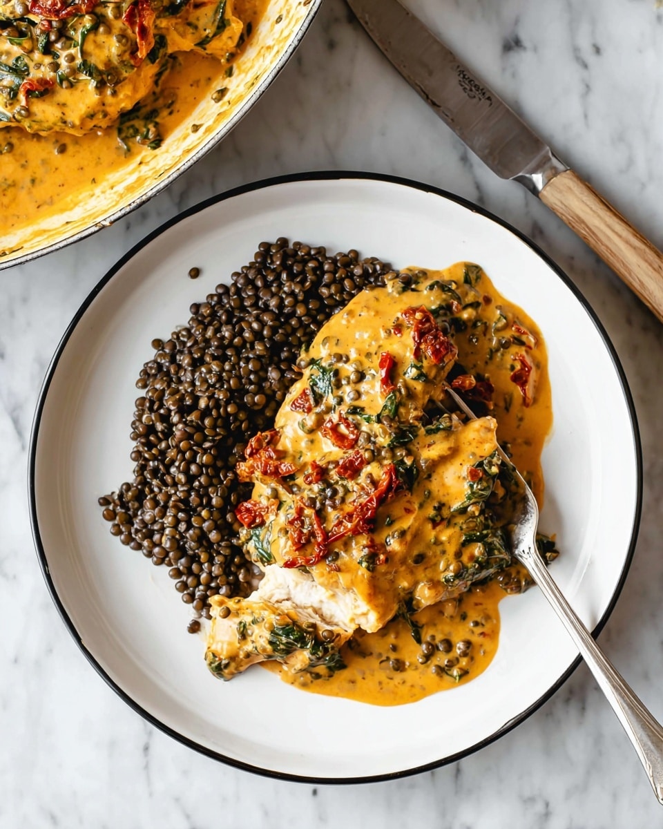 The image shows a white plate with a black rim holding a meal of two main parts: lentils and chicken covered with sauce. The lentils are dark brown, round, and placed on the left side of the plate. On the right side, there is a piece of cooked chicken breast covered in a thick orange-yellow creamy sauce with visible bits of green spinach and small strips of red sun-dried tomatoes mixed in. The sauce looks smooth with some texture from the ingredients. A silver fork rests on the right edge of the plate, partially dipped in the sauce. The entire plate is set on a white marble surface, with a knife lying beside the plate. Part of a white pan with the same sauce and chicken is visible at the top of the image. photo taken with an iphone --ar 4:5 --v 7