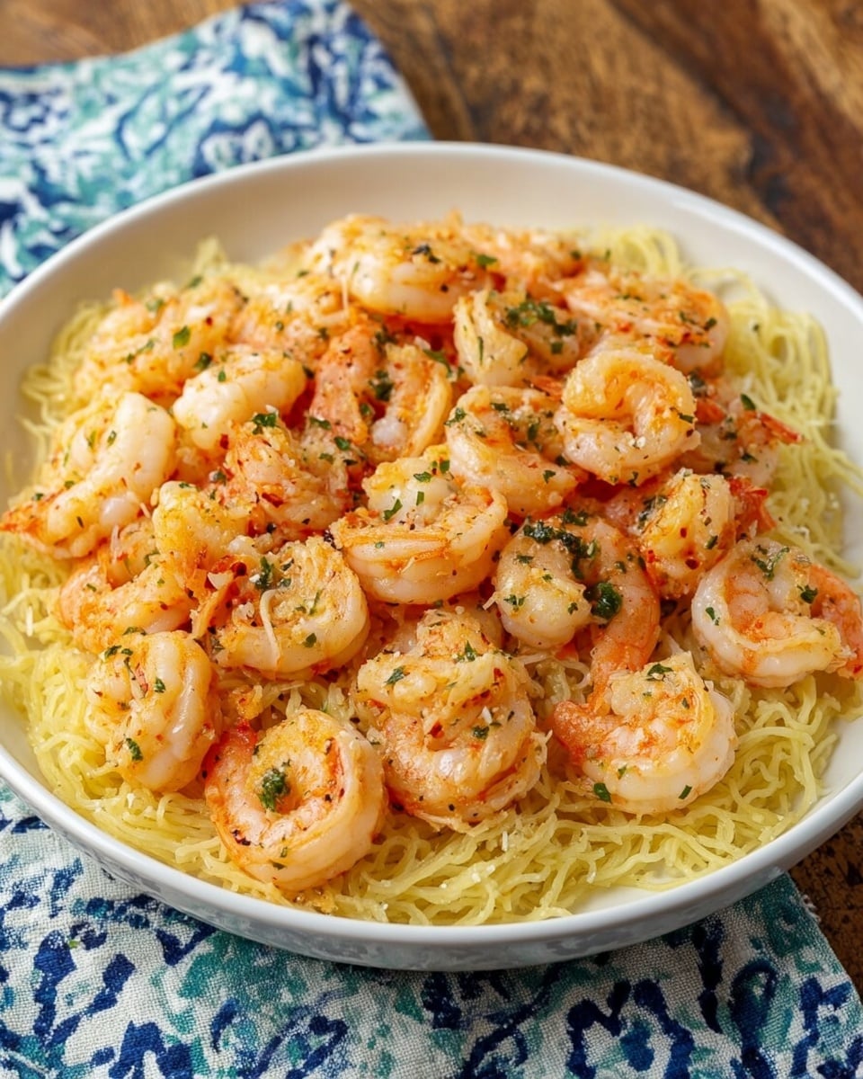 A white bowl holds a dish with two main layers; the bottom layer is thin, yellow noodles with a soft texture, slightly tangled, and the top layer is a generous amount of cooked shrimp that are orange-pink with light grill marks and small bits of green herbs sprinkled over them. The bowl is on a wooden surface with a blue and white patterned cloth partially visible in the background. photo taken with an iphone --ar 4:5 --v 7