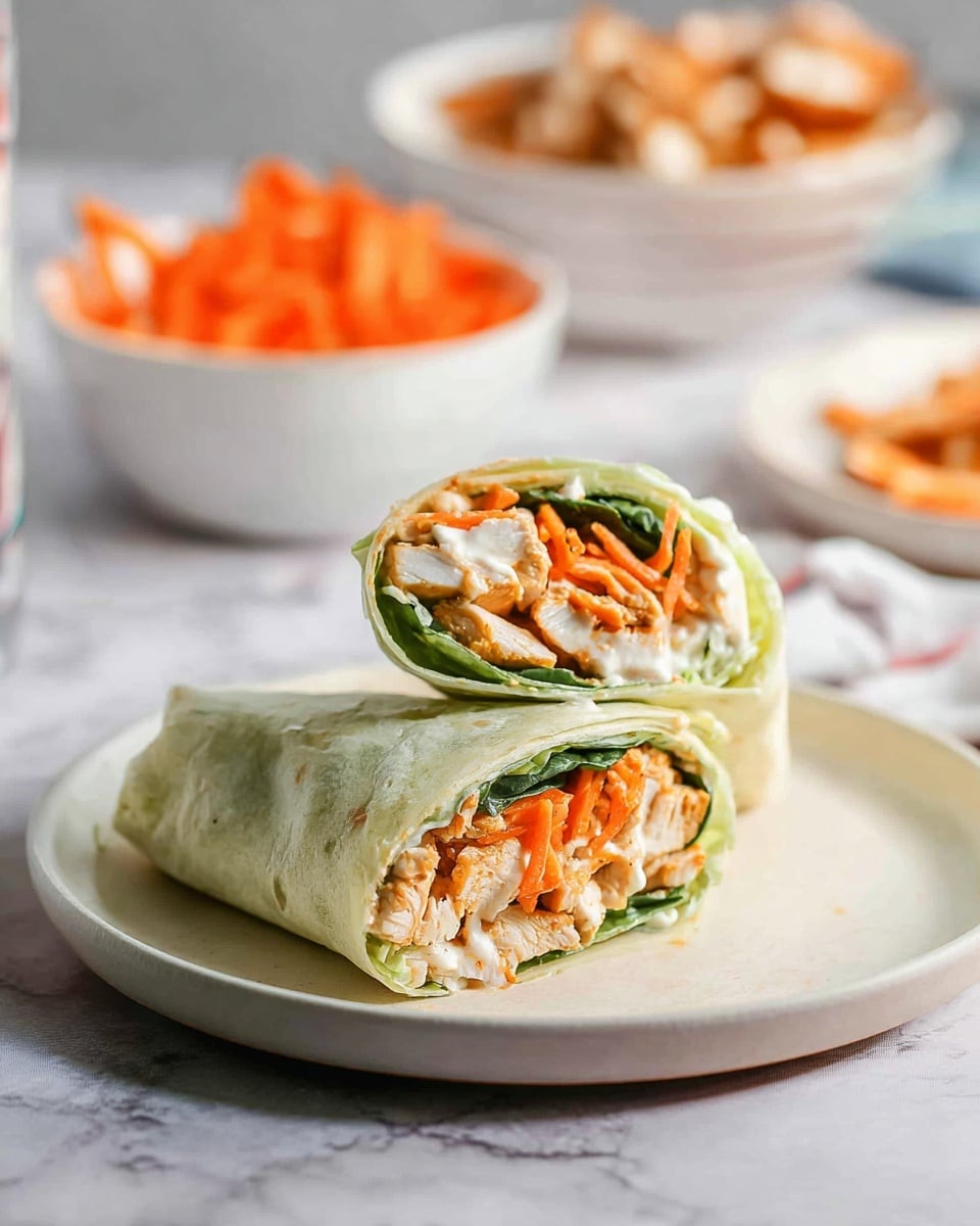 The image shows a wrap cut in half and placed on a white plate on a white marbled surface. Inside the wrap, there are three visible layers: the bottom layer is light green lettuce, followed by bright orange shredded carrots, and on top, cooked chicken pieces with a light brown color mixed with white creamy sauce and some green spinach leaves. The wrap itself is a soft, white tortilla. In the background, there are blurred dishes, one with more cooked chicken and another white bowl with more shredded carrots. The scene is bright and natural. Photo taken with an iphone --ar 4:5 --v 7