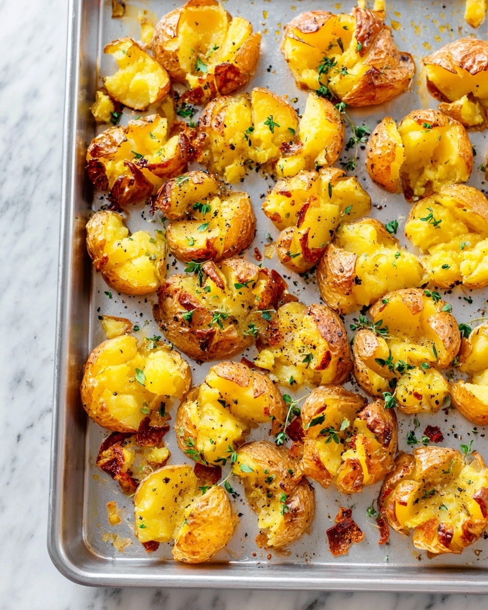 The image shows a metal baking tray filled with smashed roasted potatoes that have golden yellow centers and slightly crispy, browned edges. The potatoes have rough, uneven shapes with their skins partially peeled back, revealing soft and fluffy insides. They are seasoned with black pepper and small green herbs sprinkled evenly on top, adding a fresh touch of color. The tray rests on a white marbled surface, providing a clean and simple background. photo taken with an iphone --ar 4:5 --v 7