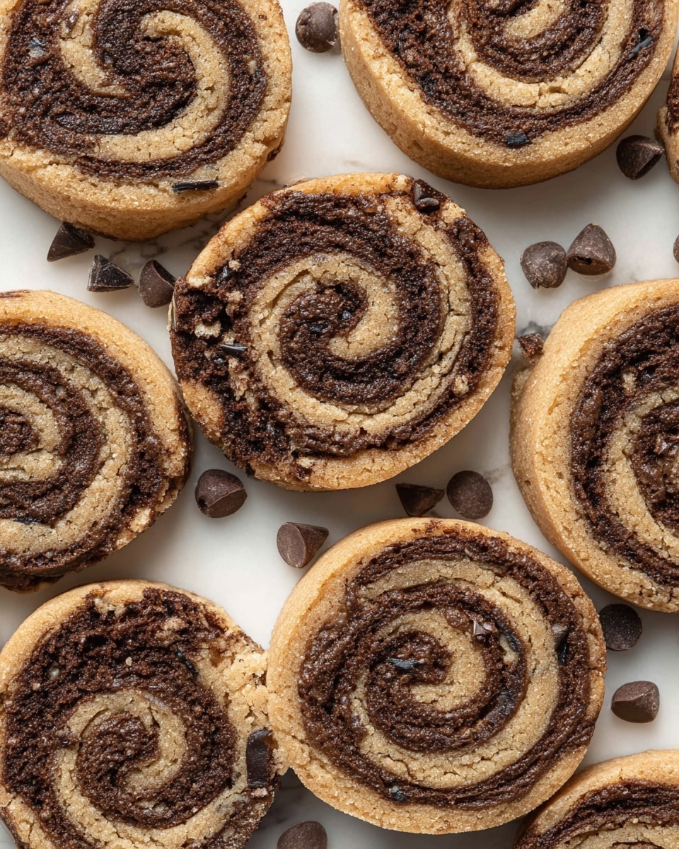 The image shows several round cookies with a swirl pattern, placed close together on a white marbled surface. Each cookie has two main layers: a light brown, slightly crispy outer dough and a darker brown chocolate swirl inside, creating a spiral effect from the center outward. Small dark chocolate chips are embedded throughout the cookies, adding texture and contrast. Scattered chocolate chips are also visible between the cookies, enhancing the rich, chocolaty look. photo taken with an iphone --ar 4:5 --v 7