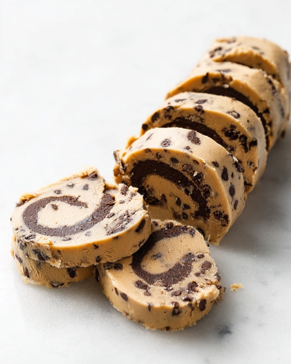 A log of cookie dough with chocolate chips is placed on a white marbled surface. It is partially sliced into five round pieces, showing a soft, smooth texture with a visible swirl of darker chocolate inside the dough. The dough is light brown with scattered dark chocolate chips throughout. The slices are thick and uneven, some leaning slightly to the side, revealing a rich chocolate spiral pattern inside. photo taken with an iphone --ar 4:5 --v 7