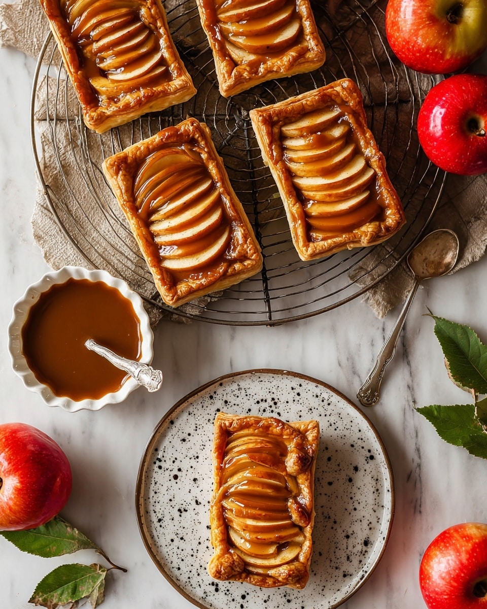 The image shows five rectangular apple tarts with golden brown puff pastry bases arranged on a round wire cooling rack and one tart placed on a white plate with dark speckles in the center. Each tart has thin, evenly sliced apple layers fanned out in rows on top, with a shiny caramel glaze drizzled over them. The pastries have crisp, flaky edges with a lightly browned texture. Nearby, a small white scalloped bowl filled with caramel sauce and a silver spoon rests on a white marbled surface. Three red apples with green leaves are scattered around the scene, adding a fresh touch. photo taken with an iphone --ar 4:5 --v 7