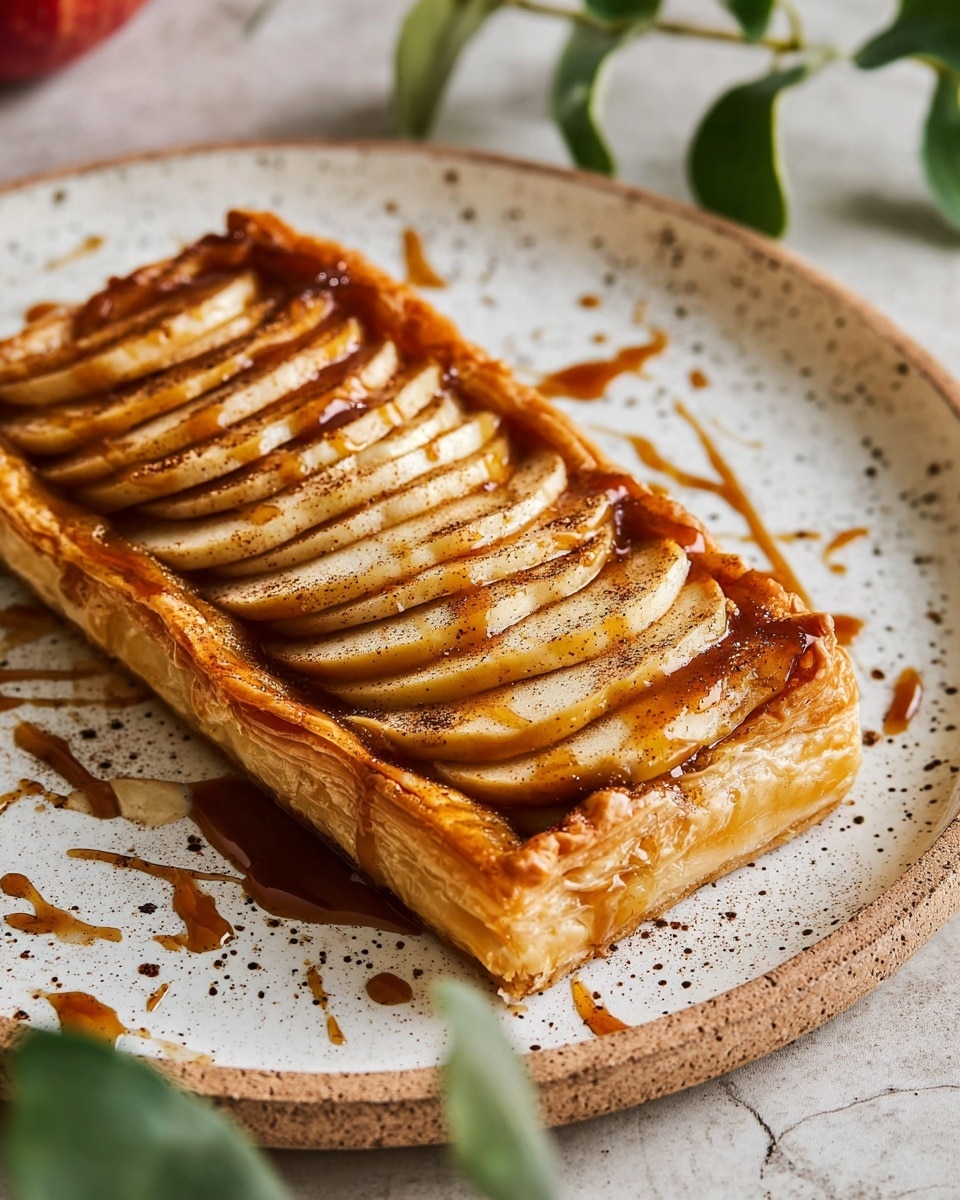 A rectangular pastry with three visible layers of golden-brown puff pastry forming the base and sides, topped with thinly sliced apple pieces arranged in a slightly overlapping vertical line, showing a light yellow color with hints of brown caramelization and sprinkle of cinnamon, all drizzled with a shiny caramel sauce that pools slightly on a white speckled plate. The plate rests on a white marbled textured surface with some green leaves faintly visible in the background. Photo taken with an iphone --ar 4:5 --v 7