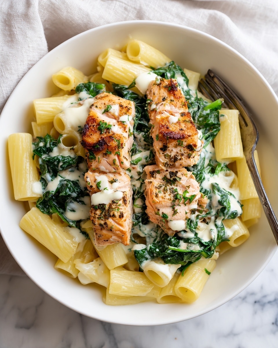A white bowl filled with rigatoni pasta layers at the bottom, pale yellow and smooth. On top of the pasta are bright dark green spinach leaves with a creamy white sauce drizzled lightly. Two pieces of cooked salmon, golden brown with grill marks and sprinkled with herbs, rest on the spinach. A silver fork is partially inserted into the bowl from the right side. The bowl is placed on a white marbled surface with soft fabric in the background. Photo taken with an iphone --ar 4:5 --v 7