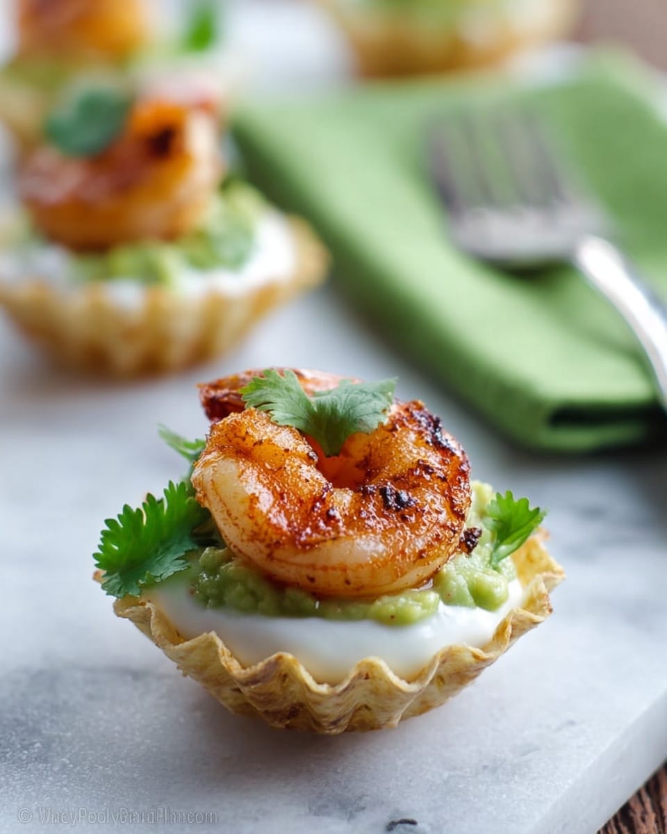 A small white taco shell cup holds a layered appetizer placed on a white marbled surface. The bottom layer is a creamy white sauce, topped with a light green guacamole layer that looks smooth and fresh. On top of the guacamole sits a single cooked shrimp, golden-orange with a slight char and garnished with a small sprig of fresh green cilantro. In the background, a soft-focus glimpse of more shrimp cups can be seen, as well as a green napkin with a silver fork. The image is well-lit, showing the textures and colors clearly. photo taken with an iphone --ar 4:5 --v 7