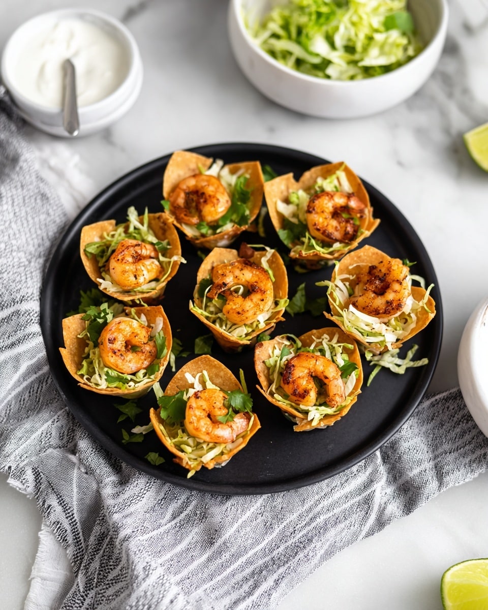 A black round plate holds eight small crispy golden-brown tortilla cups, each filled with shredded green lettuce and topped with one cooked shrimp that is orange with a slightly charred texture. The plate is set on a white marbled surface with a gray and white striped cloth partially under and beside it. In the background, there is a small white bowl with a spoon containing white sauce and a little bowl with green lettuce, all placed on the same white marbled surface. A wedge of lime is partially visible at the bottom right corner. Photo taken with an iphone --ar 4:5 --v 7