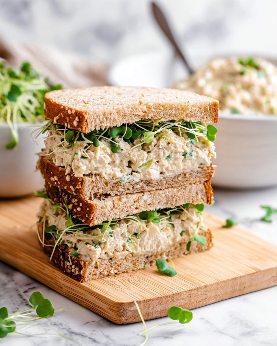 A sandwich cut in half and stacked, each half showing three layers: the top and bottom are light brown multigrain bread with a coarse texture, and in the middle is a thick, creamy filling made of chunky tuna salad mixed with small green herbs, topped with fresh green microgreens. The sandwich sits on a light wooden board, with a few scattered microgreens around it. In the background, a white bowl with more tuna salad and a metal spoon sit on a white marbled surface. photo taken with an iphone --ar 4:5 --v 7