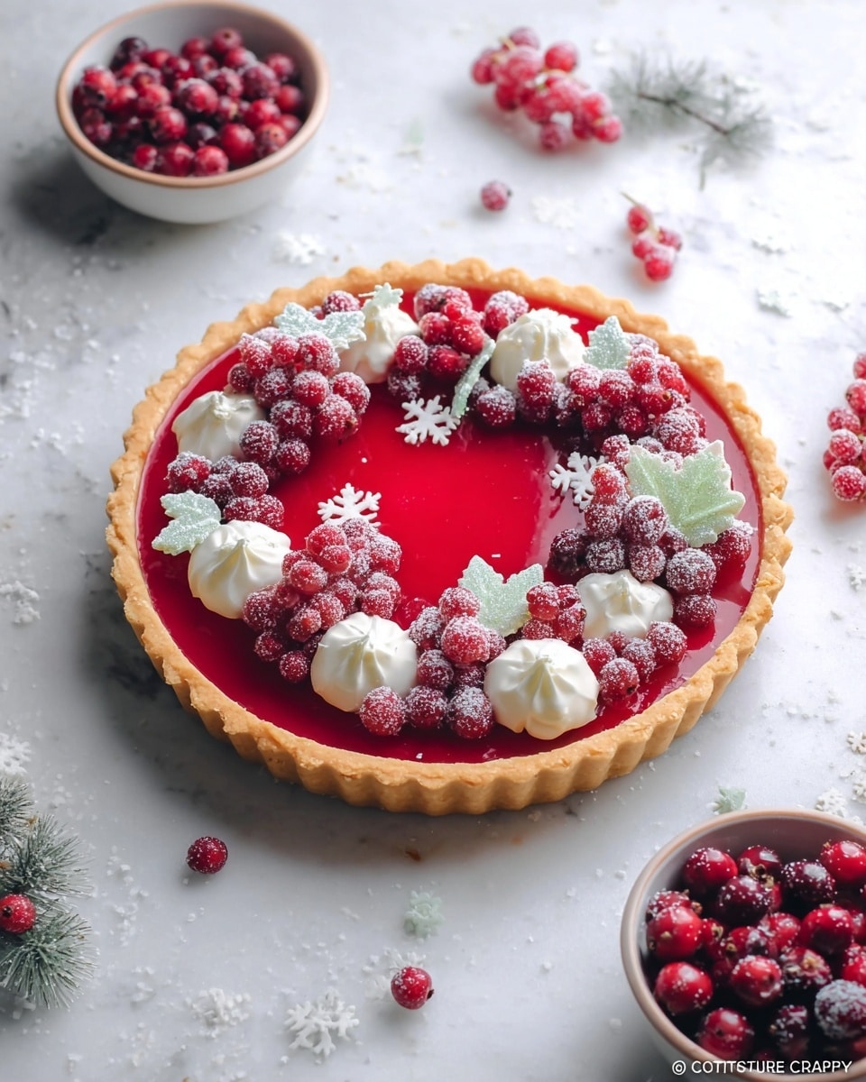 A round tart with a golden brown crust sits on a white marbled surface, filled with a smooth, bright red jelly layer. On top, there are small white dollops of cream arranged around the edge, mixed with clusters of red currants and frosted berries, along with some green sugared leaves for decoration. Tiny white snowflake-shaped sprinkles are scattered across the red jelly surface for a festive look. Small bowls filled with red currants and frosted berries are placed around the tart, with a few loose berries and sugared leaves scattered on the white marbled background. Photo taken with an iphone --ar 4:5 --v 7