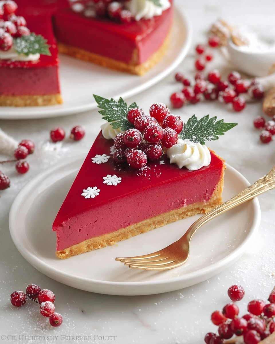 The image shows a slice of bright red berry tart with three layers: a light golden crust at the bottom, a thick smooth and vibrant red filling in the middle, and a glossy red top layer. The tart slice is decorated with red currants on top and frosted green leaves, a small swirl of white cream near the edge, and tiny white snowflake-shaped sprinkles scattered on the glossy red surface. The slice sits on a white plate with a gold fork beside it, placed on a white marbled surface scattered with red berries and powdered sugar. Another similar slice is partially visible in the background, also on a white plate, with festive and fresh details. Photo taken with an iphone --ar 4:5 --v 7
