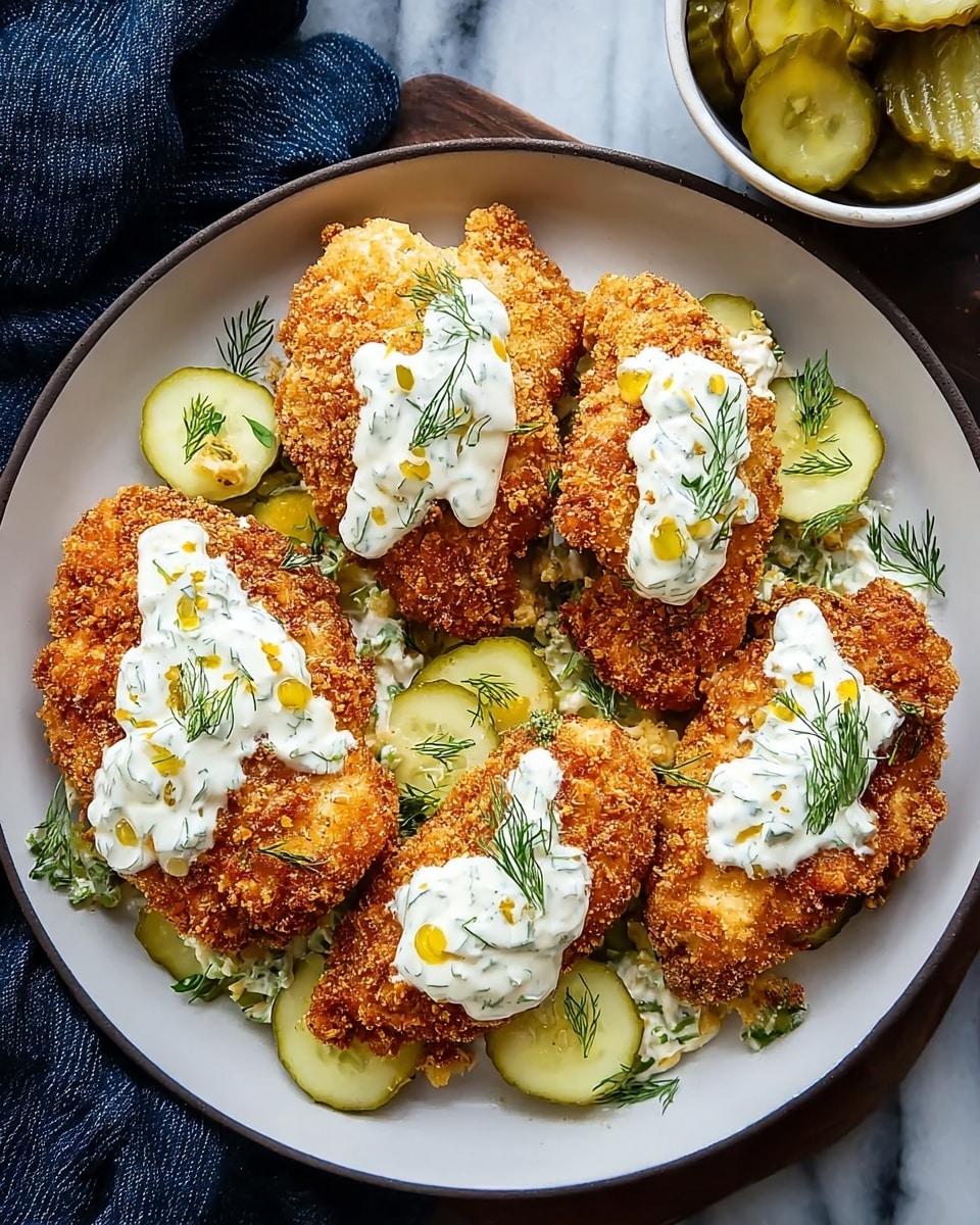 A white plate holds five golden brown, crispy fried chicken pieces evenly spaced across the center, each topped with a drizzle of creamy white sauce speckled with green herbs and small drops of yellow oil. Underneath and around the chicken, there are thin slices of light green pickles mixed with some fresh green dill sprigs. In the upper right corner of the image, a white bowl contains more pickle slices. The entire scene is set on a white marbled surface with a dark blue cloth partially visible at the bottom left edge of the image. photo taken with an iphone --ar 4:5 --v 7