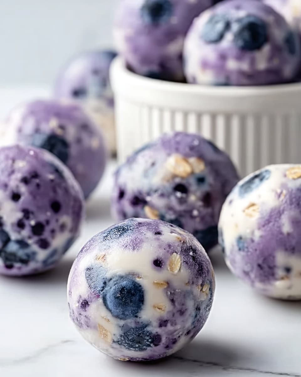 The image shows smooth round balls that look like frozen dessert or snack bites, mainly light purple with darker purple and blue spots from blueberries mixed inside. Each ball has layers of creamy white and blue-purple colors, with some small pieces of oats visible throughout. They are arranged on a white marbled background, with one ball in sharp focus in the front and several blurred balls behind it, creating a soft depth effect. A white bowl filled with the same balls is partly visible in the background. Photo taken with an iphone --ar 4:5 --v 7