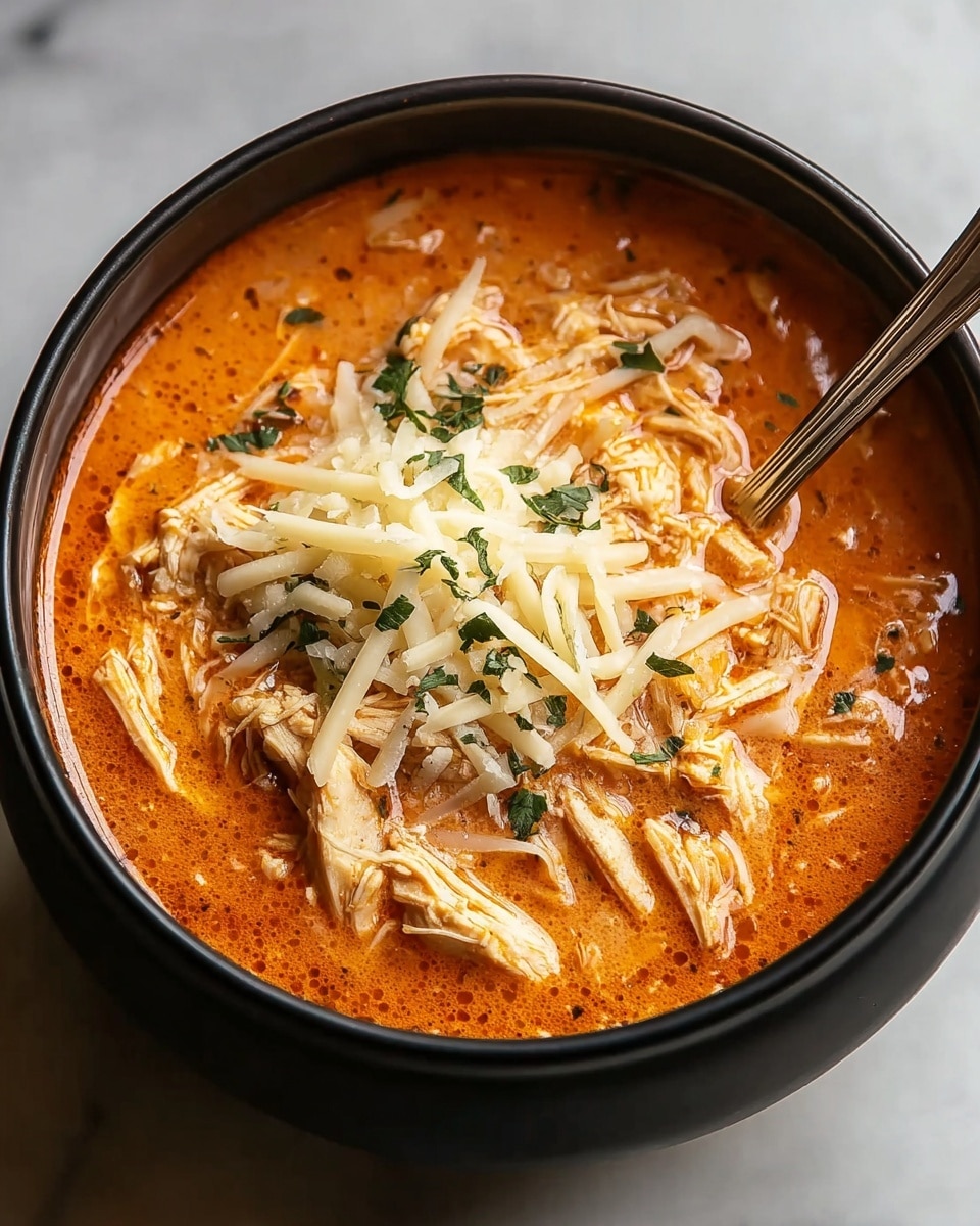 A bowl filled with creamy orange soup containing chunks of light brown cooked chicken and yellow spiral pasta pieces floating in it. The soup has small green herb pieces and black pepper sprinkled on top, along with some white shredded cheese. A white bread slice is dipped halfway into the soup at the edge of the white bowl. The bowl sits on a gray cloth on top of a wooden surface, with more slices of white bread blurred in the background. photo taken with an iphone --ar 4:5 --v 7