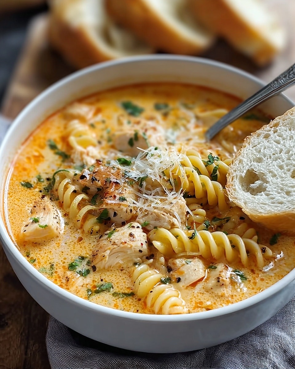 A black bowl filled with thick orange-red soup covering the entire bowl. Shredded chicken pieces with a light brown color are mixed evenly in the soup. On top, there is a layer of pale yellow shredded cheese scattered all over the middle part. Small green herb pieces are sprinkled over the cheese, adding color contrast. A silver spoon is placed inside the soup on the right side of the bowl. The bowl sits on a white marbled textured surface. photo taken with an iphone --ar 4:5 --v 7