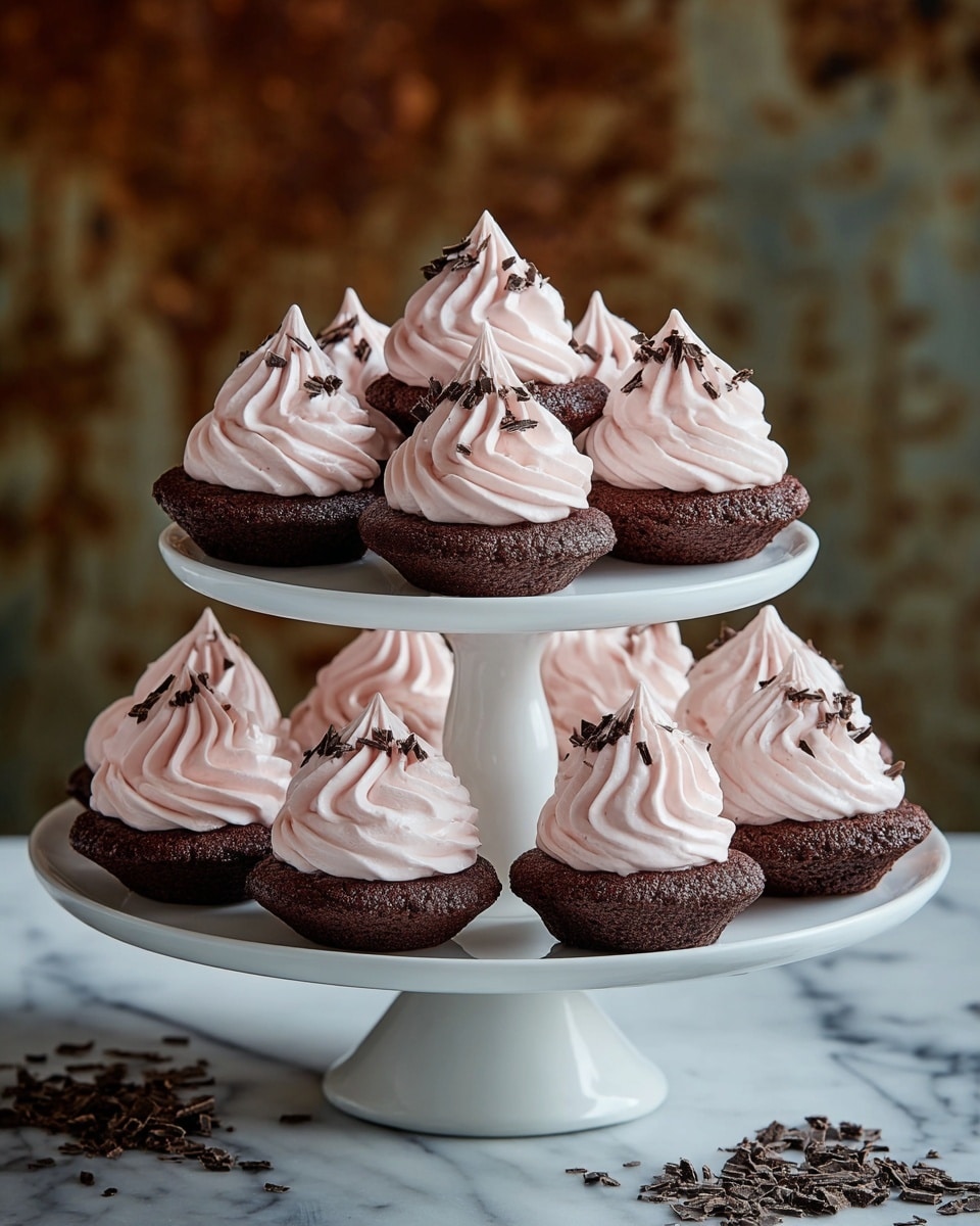 A white cake stand holds a pyramid of nine small desserts arranged in three layers: the bottom layer has five, the middle has three, and the top has one. Each dessert has a dark brown, round base resembling a cookie or cake, topped with a high, swirled swirl of smooth, light pink frosting. Each frosting swirl is decorated with tiny pieces of dark chocolate shavings scattered on top. The stand sits on a white marbled surface, with extra dark chocolate shavings scattered near its base. The background shows a blurred, rusty, brown textured wall. Photo taken with an iphone --ar 4:5 --v 7