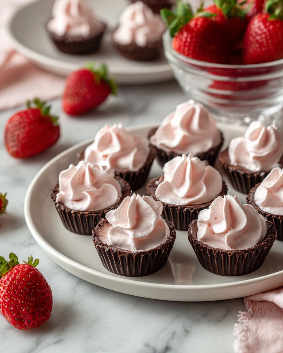 The image shows a white plate filled with small chocolate cups topped with light pink whipped cream shaped like star swirls, each cup having a smooth, dark brown chocolate base and the whipped cream layer sitting neatly inside it. Around the plate, there are several fresh red strawberries with green leafy tops, some placed on the white marbled surface and some inside a clear glass bowl. The chocolate cups have one side turned upside down, revealing solid dark brown chocolate bottoms with a subtle texture. The whole scene is set on a white marbled surface with soft natural lighting. photo taken with an iphone --ar 4:5 --v 7