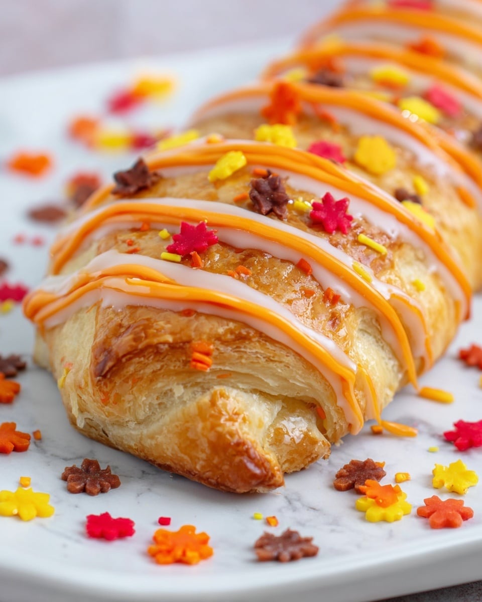 The image shows a close-up of a flaky, golden-brown pastry with about five visible layers. The pastry is placed on a white plate with a white marbled texture beneath. Bright orange icing is drizzled in thin lines evenly across the top, creating a shiny, smooth texture. Small colorful sprinkles shaped like flowers in red, orange, yellow, and brown are scattered on top of the icing and around the plate, adding a festive touch. Photo taken with an iphone --ar 4:5 --v 7