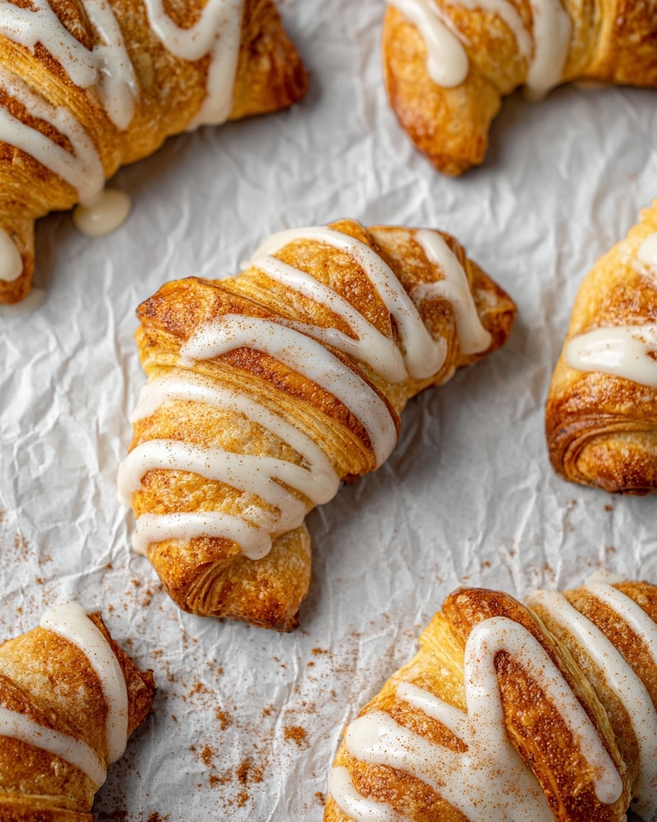 The image shows a close-up of several crescent-shaped pastries placed on crumpled white parchment paper over a white marbled surface. There are at least seven pastries visible, with the center one being the most focused. Each pastry is golden brown with a slightly textured and crispy crust. The main pastry in the center has four thick, irregular white icing drizzles across its top, and a light dusting of brown cinnamon powder sprinkled over it and the surrounding paper. The other pastries are similarly golden and some have white icing drizzled on them, adding a creamy texture contrast to the flaky pastry. Photo taken with an iphone --ar 4:5 --v 7
