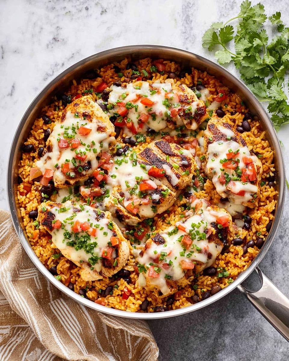 A large pan filled with a layered dish starting with a base of orange-colored rice mixed with black beans, topped with six pieces of grilled chicken breast. Each chicken piece is covered with melted white cheese and small tomato chunks, sprinkled with chopped green onions and cilantro. The dish is vibrant with orange, white, red, green, and black colors. The pan is placed on a white marbled surface with a beige striped cloth nearby and a few cilantro sprigs around it. Photo taken with an iphone --ar 4:5 --v 7