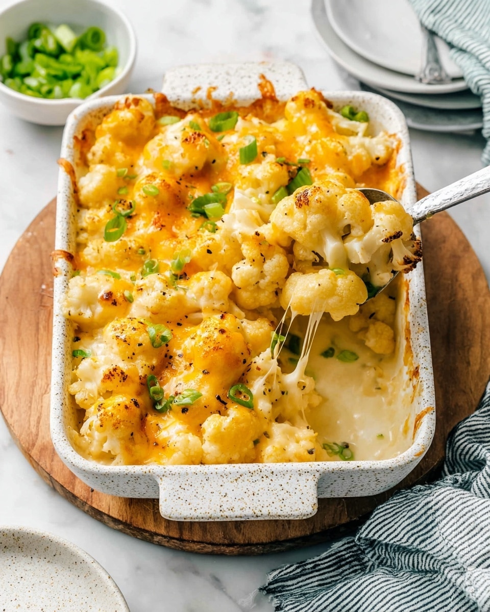 A white speckled rectangular baking dish filled with one layer of creamy golden-yellow melted cheese covering chunky cauliflower florets that are light off-white with slightly browned roasted edges, sprinkled with green chopped scallions and black pepper. A spoon is lifting a scoop, showing stretchy melted cheese and cauliflower pieces inside the dish. The dish is set on a round light wood board, with a white bowl of green scallions in the top left corner and a white plate in the bottom right on a white marbled surface. A striped cloth napkin is placed near the top right corner. Photo taken with an iphone --ar 4:5 --v 7