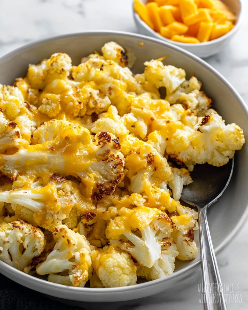 The image shows a close-up of roasted cauliflower pieces covered in melted cheddar cheese. The dish has one main layer of cauliflower florets that are white with browned, crispy edges from roasting. The cheese on top is bright yellow-orange and gooey, clinging to the cauliflower, with small browned spots. The cauliflower and cheese are placed in a white bowl, and a silver spoon is partially inside the bowl, ready to scoop some cauliflower. In the blurred background, there is a small bowl with more pieces of bright yellow cheddar cheese. The surface beneath the bowl is a white marbled texture. Photo taken with an iphone --ar 4:5 --v 7