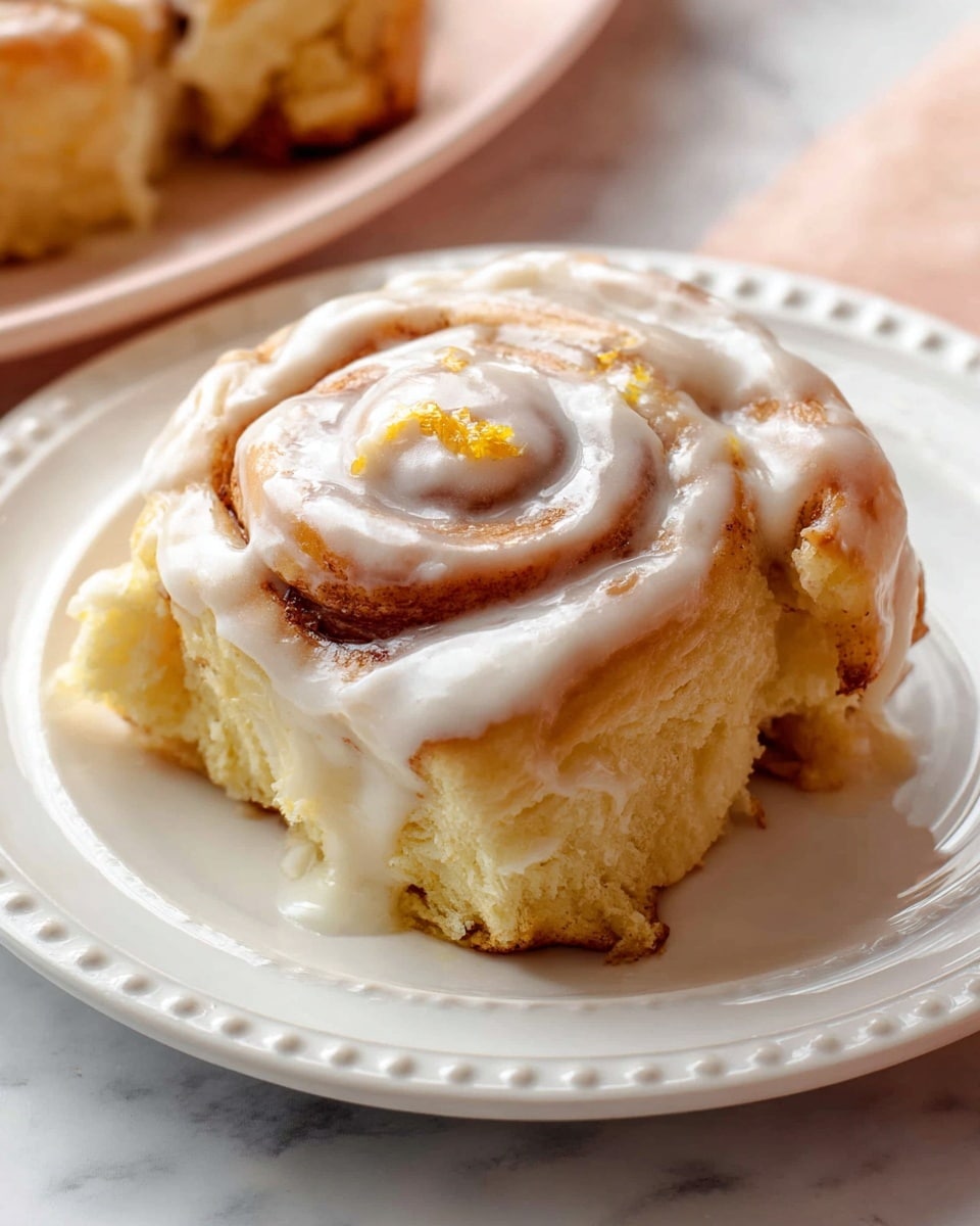 A soft cinnamon roll with visible layers of light golden dough rolled into spirals, covered with a thick, white creamy icing that drips down the sides, sitting on a white plate with a beaded edge placed on a white marbled surface, soft texture with some shiny glaze on top, the icing slightly translucent showing hints of orange zest on top. photo taken with an iphone --ar 4:5 --v 7