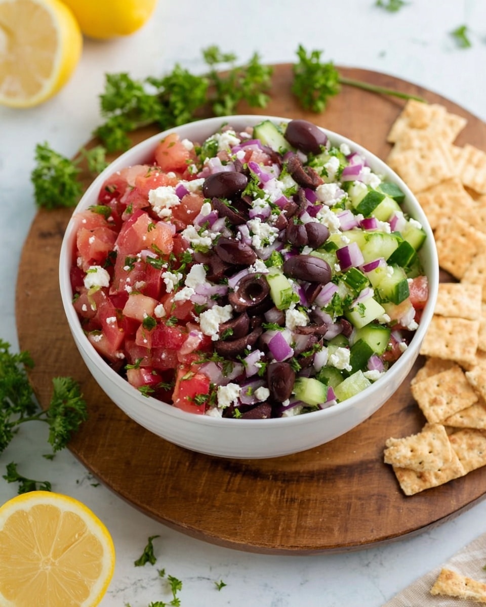 A white bowl filled with a colorful salad sits on a round wooden board. The salad has three main layers: the bottom layer is diced green cucumber and red tomato pieces; on top, there are slices of dark purple olives and finely chopped red onion mixed with bits of green parsley; sprinkled all over the salad are small white crumbles of cheese. Around the board, there are small sprigs of green parsley, a cut lemon with a bright yellow color, and crisp, light brown crackers. The surface beneath the board is a white marbled texture. photo taken with an iphone --ar 4:5 --v 7