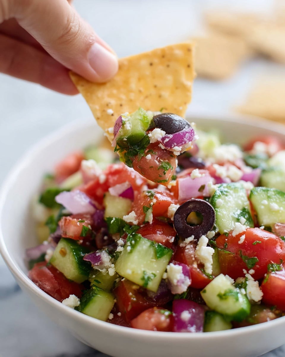 A close-up of a white bowl filled with a colorful salad made of diced red tomatoes, green cucumbers, chopped purple onions, whole sliced black olives, and small white feta cheese crumbles mixed together. A crispy light golden chip is held by a woman's hand above the bowl, topped with a layered mix of the salad ingredients, showing red tomatoes, green cucumber, black olives, purple onions, and white feta cheese on the textured chip. The background is a white marbled surface. photo taken with an iphone --ar 4:5 --v 7