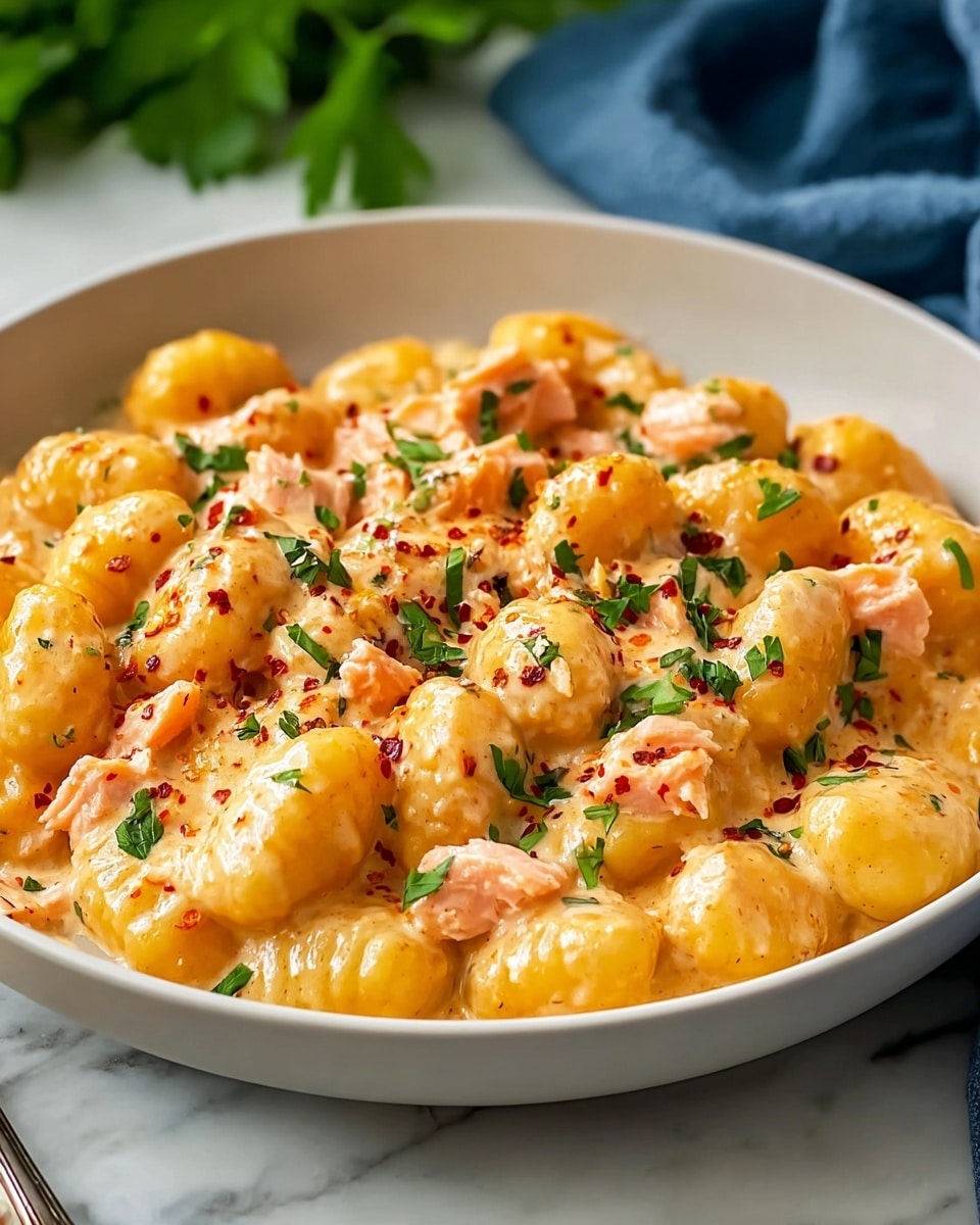 A close-up view of a white bowl filled with creamy orange gnocchi pasta mixed with small pieces of pink salmon. The gnocchi are round and smooth, coated thickly in a rich, shiny sauce, and topped with chopped fresh green herbs and a light sprinkling of red chili flakes that add specks of color. The sauce looks silky and blends evenly over the gnocchi and salmon chunks. The bowl sits on a white marbled surface, with a blurred blue cloth and some green leaves in the background. photo taken with an iphone --ar 4:5 --v 7
