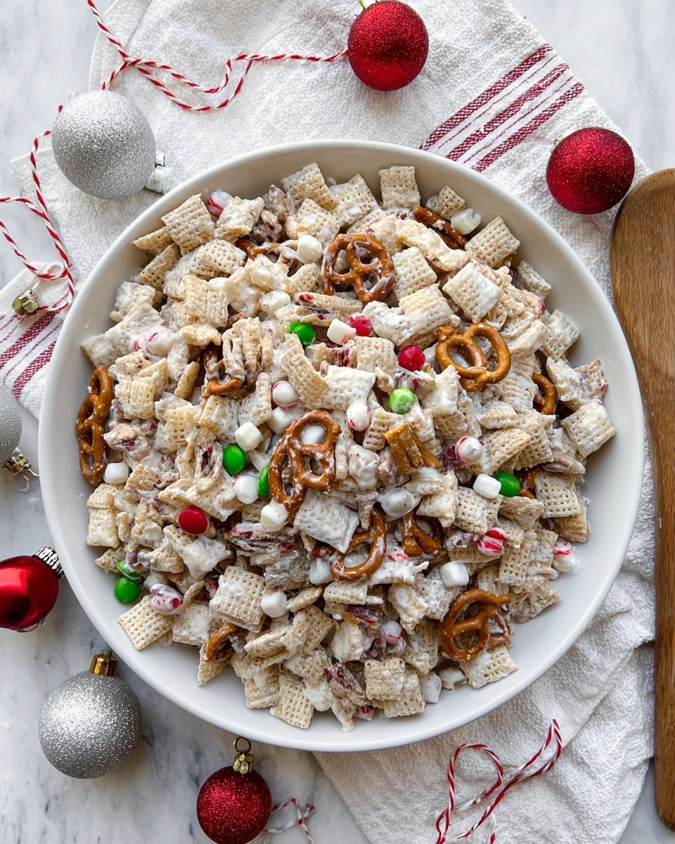 A large white bowl filled with a mixed snack of multiple layers: light tan cereal squares with a textured surface, small brown pretzels, white popcorn, and small round red and green candy pieces scattered throughout. The mix is coated lightly with white frosting or yogurt, giving a slightly glossy look to the ingredients. The bowl sits on a white marbled textured surface with a white cloth underneath, decorated with red and white striped string and shiny red and silver Christmas ornaments around it. A wooden spatula handle peeks out from the right side of the bowl. Photo taken with an iphone --ar 4:5 --v 7