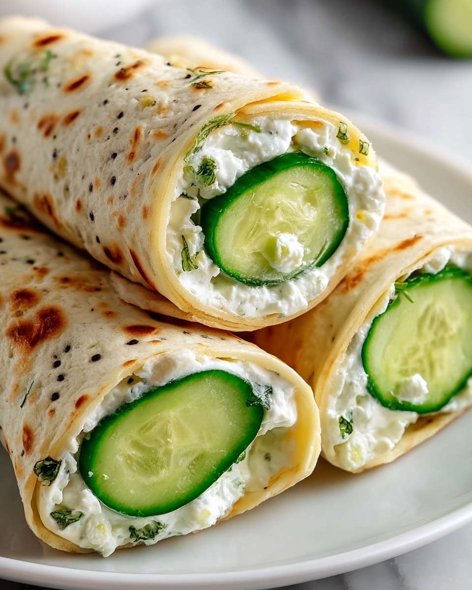 The image shows three rolled wraps placed closely on a white plate, resting on a white marbled surface. Each wrap has a light golden brown outer layer with small dark specks and visible small green herbs nestled in the soft bread. Inside, there are fresh, thick slices of bright green cucumber, surrounded by a creamy white cheese filling with a slightly grainy texture, dotted with tiny black seeds. The wraps are arranged to show the cross-section of the filling, highlighting the contrast between the crisp cucumber and creamy cheese. Photo taken with an iphone --ar 4:5 --v 7