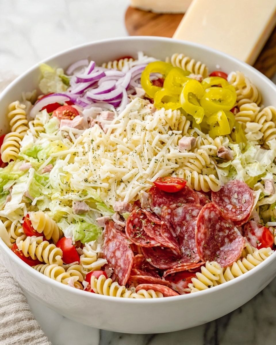 A white bowl filled with a layered pasta salad that includes spiral rotini pasta in a light beige color at the base, mixed with thin slices of red salami and pepperoni spread evenly throughout. There are also layers of shredded pale green lettuce, small pieces of white cheese, and yellow sliced banana peppers scattered on top. Additional visible layers include thin strips of purple onion, halved red cherry tomatoes, and small bits of white chicken. The salad looks fresh and lightly sprinkled with some green seasonings. The bowl sits on a white marbled surface with a piece of cheese in the background. Photo taken with an iphone --ar 4:5 --v 7