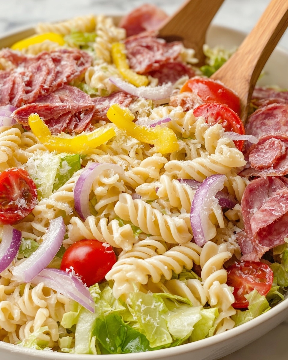 A close-up of a pasta salad featuring three main layers: the bottom layer is light beige spiral rotini pasta with a smooth texture, the middle layer is a mix of green lettuce shreds and slices of yellow pepper rings, and the top layer consists of strips of red and purple cured meats, cherry tomato halves, thin pale purple onion rings, and small grated white cheese scattered on top. Two wooden spoons are partially visible on the sides, resting in the salad. The dish is placed on a white bowl with a white marbled surface background. photo taken with an iphone --ar 4:5 --v 7