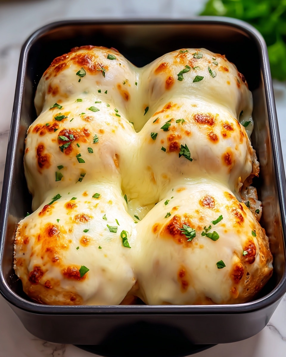 The image shows four baked round rolls placed tightly next to each other inside a black rectangular baking dish. Each roll is covered with a thick layer of melted white cheese that is golden brown and slightly bubbly on top. The cheese drips softly down the sides of the rolls, creating a smooth texture. Small green herb pieces are sprinkled over the top, adding a fresh touch of color. The baking dish sits against a blurred background with hints of green, on a white marbled surface. photo taken with an iphone --ar 4:5 --v 7