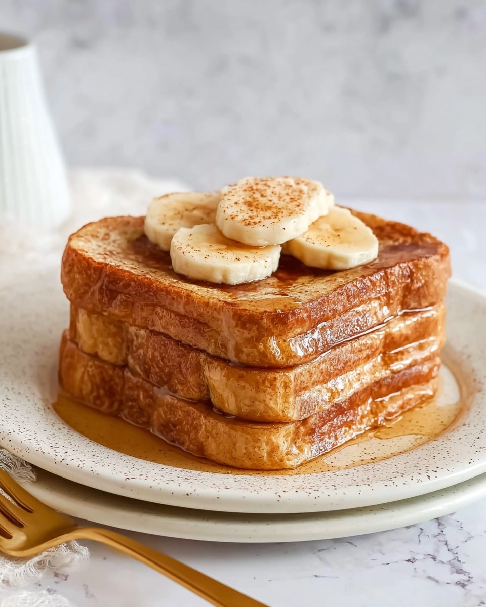 A stack of three thick, golden-brown slices of French toast is neatly placed on a white plate with speckles. The top slice is covered with a glossy layer of syrup that drips slightly down the sides. On top, there are three slices of banana with a light sprinkle of cinnamon or nutmeg, adding a warm touch. The background shows a white marbled texture, and a gold fork lies in the foreground beside the plate. photo taken with an iphone --ar 4:5 --v 7