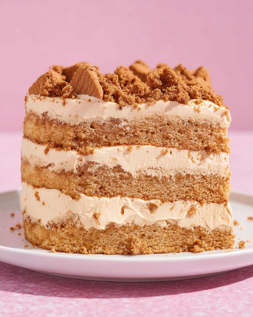 A small layered cake with three thick layers of light brown sponge cake and two layers of pale beige cream in between, topped with a thick layer of the same cream and sprinkled with crumbled brown cookies on top. The cake is placed on a plain white plate, set against a soft pink background. The cake looks moist and textured, with a slightly rough cream spread and cookie crumbs giving a crunchy detail on top. photo taken with an iphone --ar 4:5 --v 7