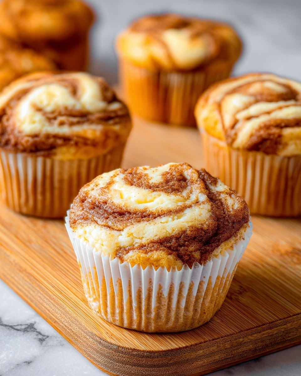 The image shows four muffins with a swirled cinnamon and cream cheese topping, each sitting in white paper liners. The muffins have a golden-brown and creamy beige marbled pattern on top, with a slightly cracked texture that reveals the soft cake inside. They are placed on a wooden cutting board with rounded edges, set against a white marbled background. One muffin is in clear focus in the foreground, while the others are slightly blurred in the back, giving a warm and cozy feeling. photo taken with an iphone --ar 4:5 --v 7