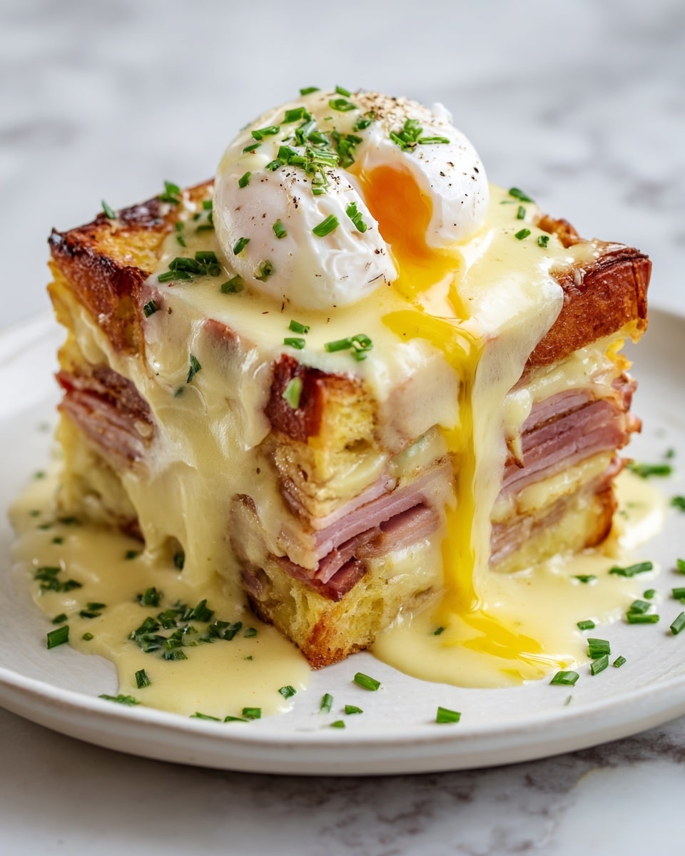 A thick square slice of baked ham and cheese bread sits on a white plate, showing a soft yellow interior with visible layers of cooked ham inside. The top layer is browned and slightly crispy. A poached egg with a smooth white exterior rests on top, its golden yolk slowly oozing down the sides. Thick, creamy pale yellow hollandaise sauce covers the top and drips down the sides of the bread. Small green herb leaves and chopped chives are sprinkled over the egg, sauce, plate, and around the dish, adding a fresh touch. The whole scene is set against a white marbled texture. photo taken with an iphone --ar 4:5 --v 7
