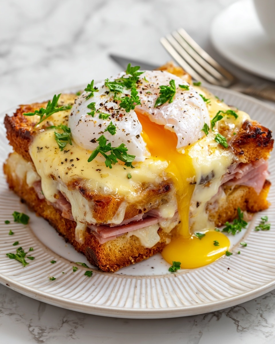 The image shows a square piece of baked ham and cheese casserole on a white plate with ridges around the edge. The bottom layer is a golden-brown, toasted bread base. On top of that is a thick layer of cooked ham slices along with melted cheese that looks creamy and gooey, oozing down the sides. The top layer has a perfectly cooked poached egg with a white smooth surface and a runny yolk flowing down the front edge. The dish is topped with a creamy yellow hollandaise sauce and sprinkled with small green parsley leaves and a light dusting of black pepper. The background features a white marbled surface with part of a fork visible next to the plate. Photo taken with an iphone --ar 4:5 --v 7
