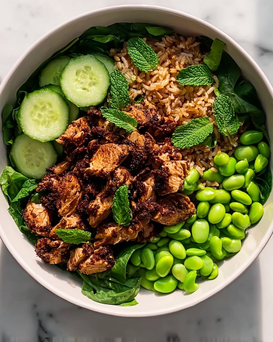 A white bowl filled with several layers of fresh ingredients starts with a bed of dark green leafy spinach covering the bottom edges. On top of the greens, there are thin, light green cucumber slices arranged on one side, while bright green edamame beans are scattered around. The centerpiece is a layer of dark brown, well-cooked grilled chicken pieces mixed with cooked brown rice, showing a slightly crispy texture. Small fresh mint leaves are placed on top for a touch of green contrast. The whole dish sits on a white marbled surface, with bright natural lighting enhancing the fresh colors. photo taken with an iphone --ar 4:5 --v 7