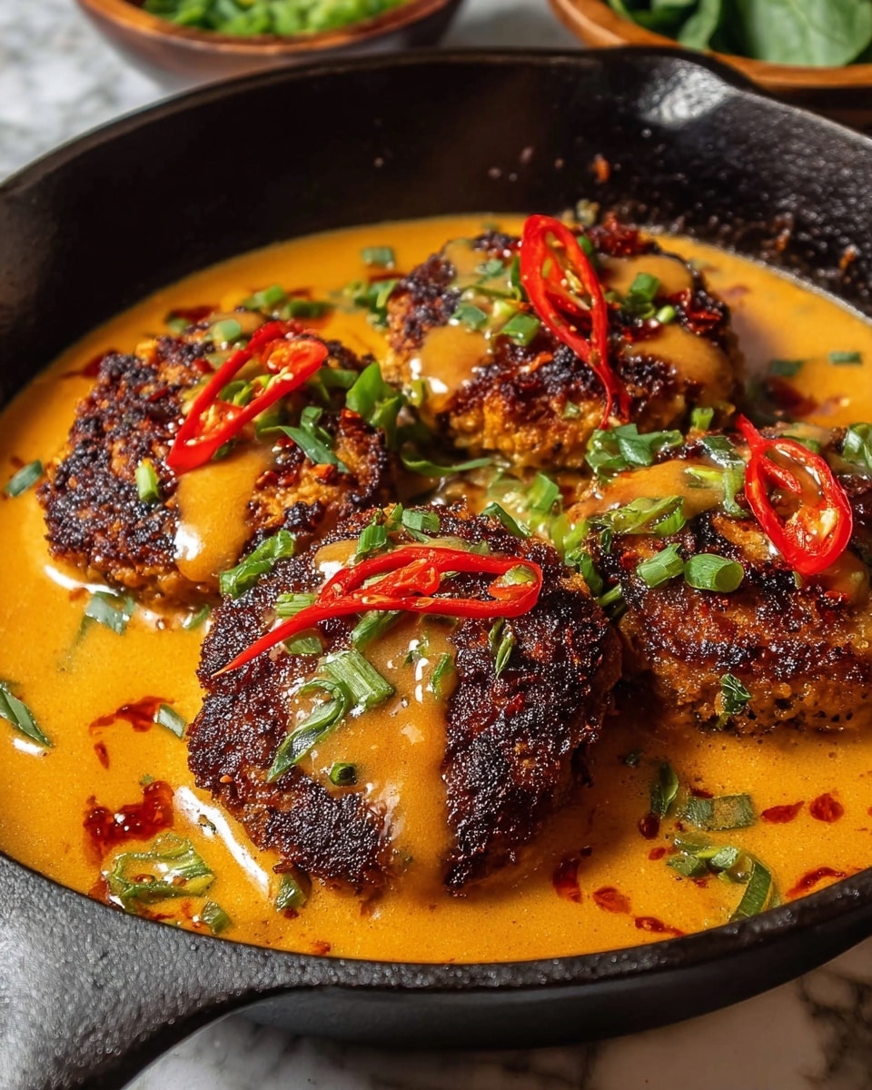 The image shows four thick, round browned patties with a crispy texture, sitting in a shallow pool of smooth, creamy orange sauce inside a black cast iron pan. Each patty is topped with a drizzle of more sauce, thin red strips, and bright green chopped scallions scattered on top and around. The sauce slightly coats parts of the patties, adding a rich, glossy look. The background has a white marbled texture with a blurred bowl of green leaves in the upper right corner. photo taken with an iphone --ar 4:5 --v 7