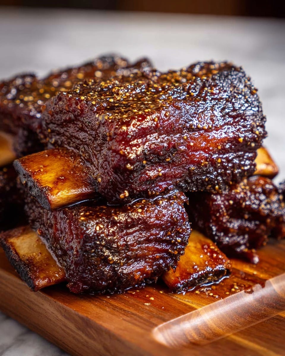 A close-up of four thick pieces of dark brown smoked beef ribs stacked tightly side by side on a wooden tray, each rib showing rich layers of crispy, charred, glossy bark on top with visible seasoning specks, and juicy, tender meat with a moist texture beneath, emitting a glistening sheen from the sauce pooling slightly around the rib bones at the base, all sitting on a white marbled texture background. photo taken with an iphone --ar 4:5 --v 7