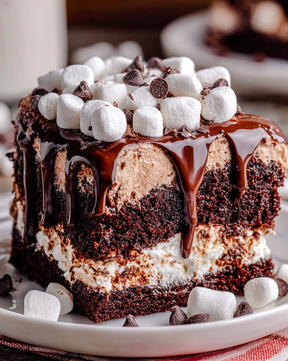 A close-up image of a large piece of chocolate cake with two clear layers, the bottom layer is dark, moist chocolate cake with a light cream or marshmallow filling scattered inside, while the thick top layer is light brown, creamy, and fluffy. The top is covered with smooth dark chocolate sauce dripping slightly down the sides. Large, white marshmallows and small, dark chocolate chips are scattered on top of the sauce and around the white plate. The background is softly blurred with warm, cozy colors and a white marbled surface under the plate. Photo taken with an iphone --ar 4:5 --v 7