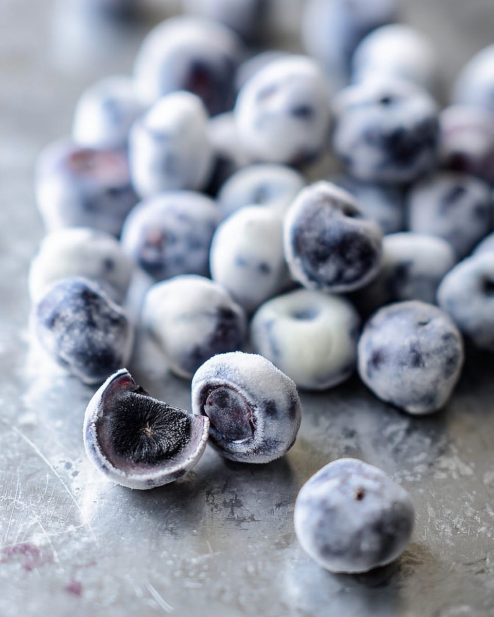 The image shows a close-up of many small frozen blueberries, each covered in a thin layer of icy frost that gives them a white, powdery look. The blueberries are round with a dark blue color showing through the frost, and some are whole while others are cut in half, revealing their moist, dark blue inside. They are placed on a metallic surface with a slightly rough texture and soft reflections of light. The frozen berries are randomly scattered, filling the frame mostly in the center with a few out of focus in the background. Photo taken with an iphone --ar 4:5 --v 7