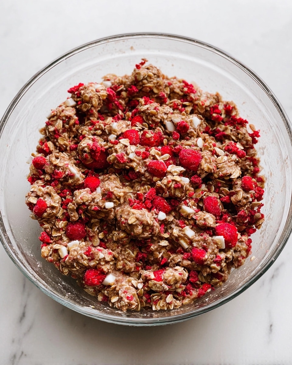 A clear glass bowl filled with a chunky, mixed texture of brown oats combined with bright red dried raspberries and small white pieces, all blended together evenly. The mixture looks thick and slightly sticky, with clusters of oats and berries visible throughout. The bowl sits on a white marbled surface, and the image is bright and clear, showing the details of the mix well. Photo taken with an iphone --ar 4:5 --v 7