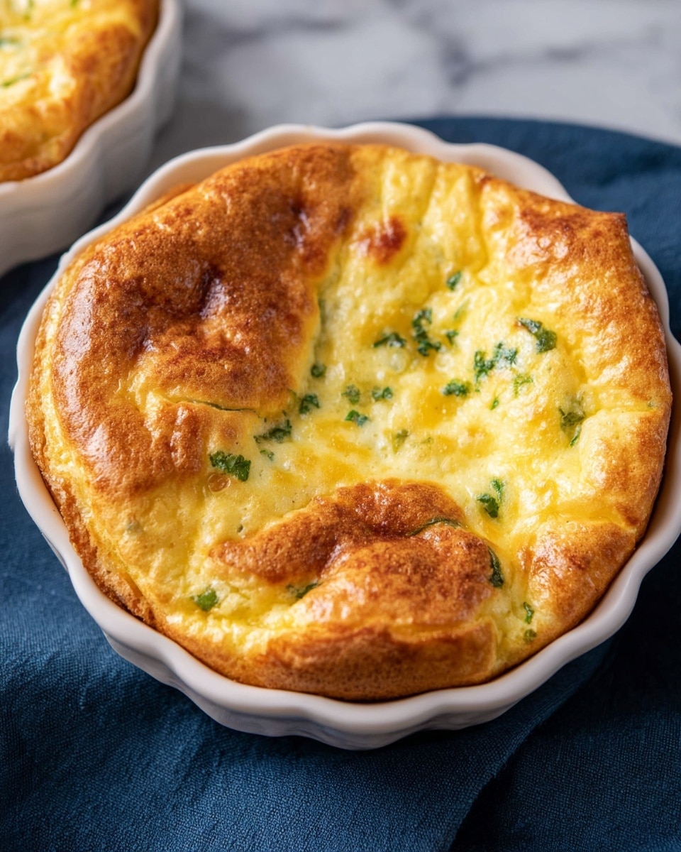 The image shows a close-up of a golden brown baked soufflé in a white round dish with a scalloped edge. The soufflé has a puffed, smooth top with slightly uneven, browned patches giving it a textured look. There are visible bits of green herbs and creamy yellow cheese mixed into the batter, especially near the center where the surface is slightly cracked, revealing a soft, moist interior. The dish rests on a dark blue cloth placed on a white marbled surface. Photo taken with an iphone --ar 4:5 --v 7