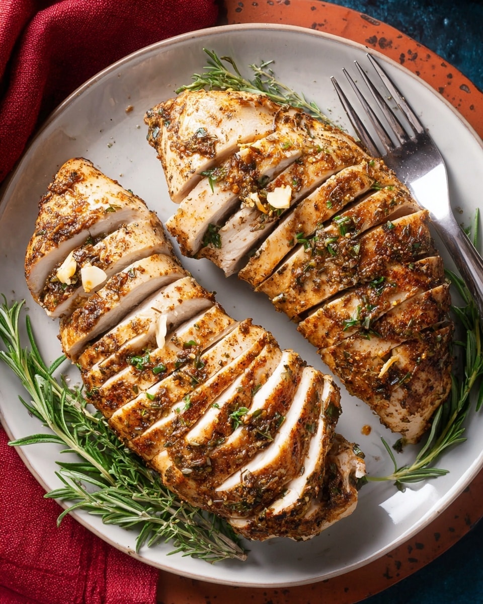 Two sliced cooked chicken breasts with a brown and slightly crispy crust are placed on a white plate. Each chicken breast has about 8 or 9 diagonal slices showing the tender white inside. The chicken is sprinkled with green herbs like rosemary and small bits of garlic on top. Two sprigs of fresh green herbs rest on the left side of the plate, and a silver fork is placed on the top right edge of the plate. The plate sits on a round rust-colored wooden board on a white marbled surface with a red cloth nearby. Photo taken with an iphone --ar 4:5 --v 7